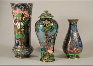 The New Orleans Museum of Art greatly expanded their holdings of Fairyland Lustre, when they received 15 superb examples from the Sydney and Walda Besthoff Collection in 2007. At left, imps climb to their tree house; at center, a view of the Ghostly Wood; and at right, two smiling goblins stand on the forest floor. Image courtesy of New Orleans Museum of Art